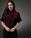 Sleeve Detailed Neck Tie Maroon Top