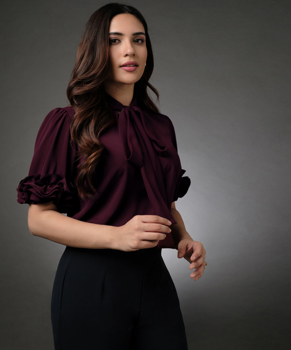 Sleeve Detailed Neck Tie Maroon Top