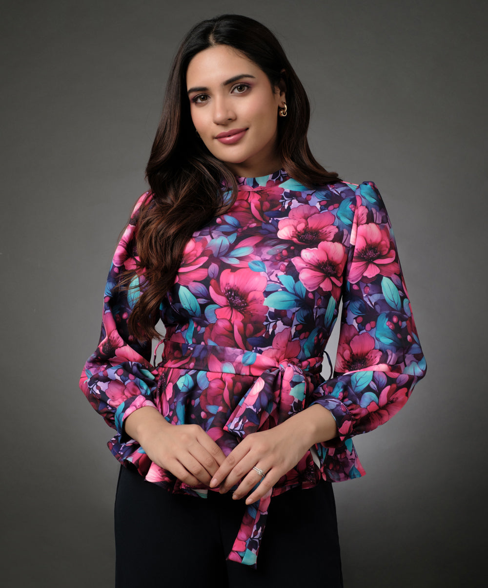 Floral Peplum Top With Puffed Sleeve