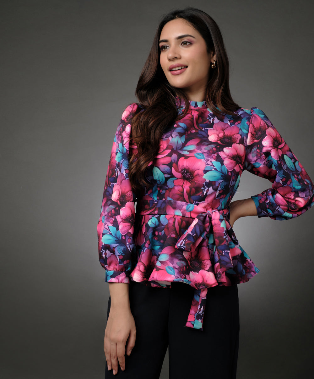 Floral Peplum Top With Puffed Sleeve