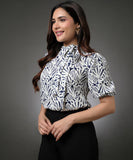 Neck Bow Tie Printed Half Sleeve Top