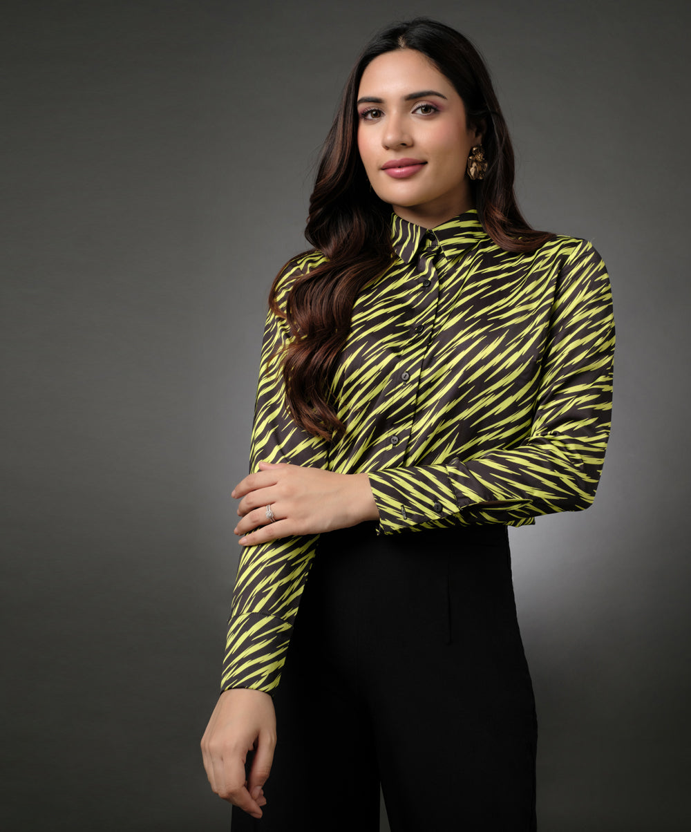 Lapel Long Sleeve Printed Top  With A Cuff