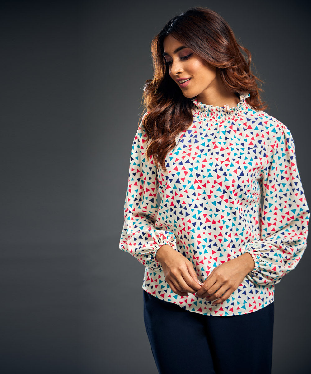 Neck Smocked Printed Long Sleeve Top