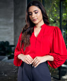 Vneck Front Buttoned Ballooned Sleeve Top