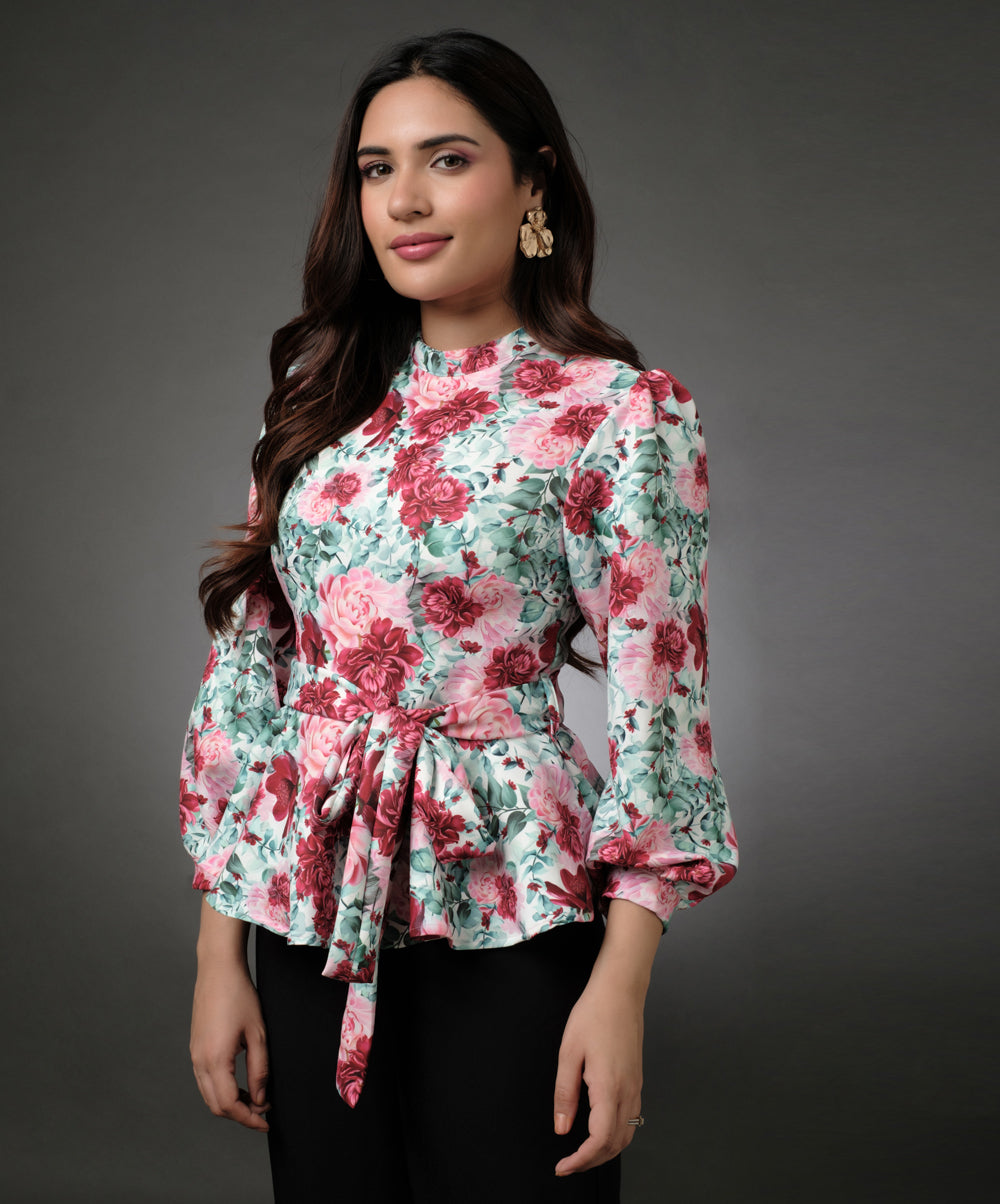 Puffed Sleeve Floral Peplum Top – ZIGZAG UAE - Main Image