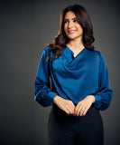 Draped Collar Lantern Sleeve Blue Blouse