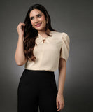 Bow Attached Sleeve Gathered Beige Satin Top