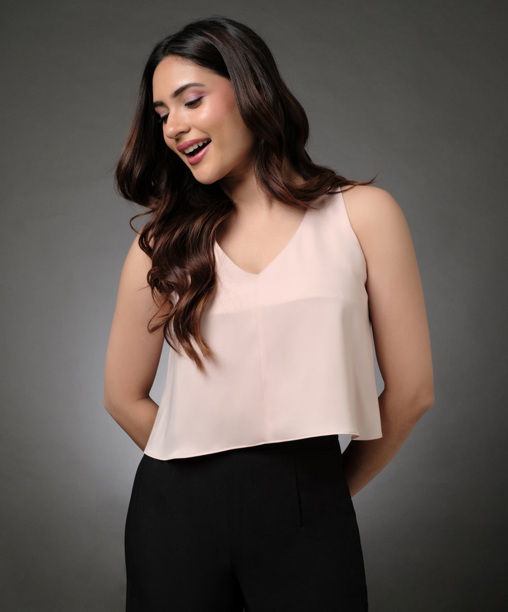 Silk Satin Vneck Sleeveless Beige Top