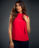 Neck Tie Chiffon Sleeveless Top-Red