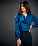 Draped Collar Lantern Sleeve Blue Blouse