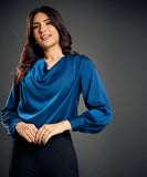 Draped Collar Lantern Sleeve Blue Blouse