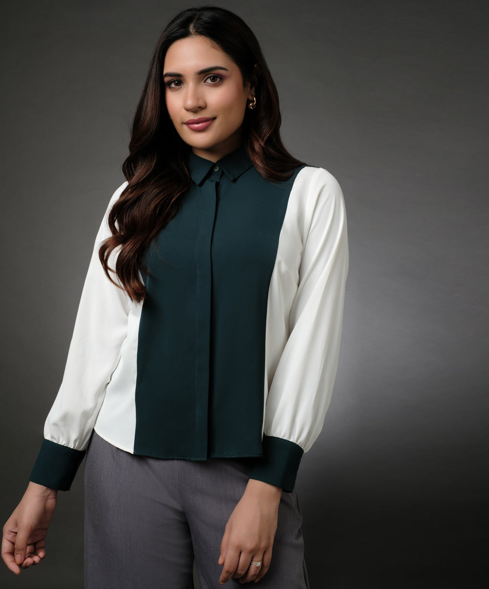 White And Green Contrast Paneled Shirt