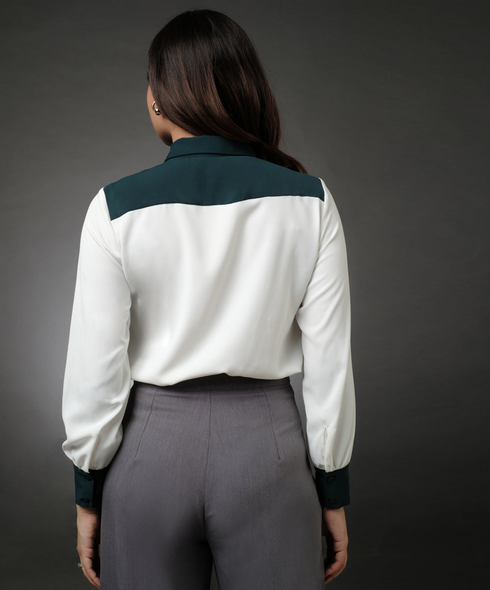 White And Green Contrast Paneled Shirt