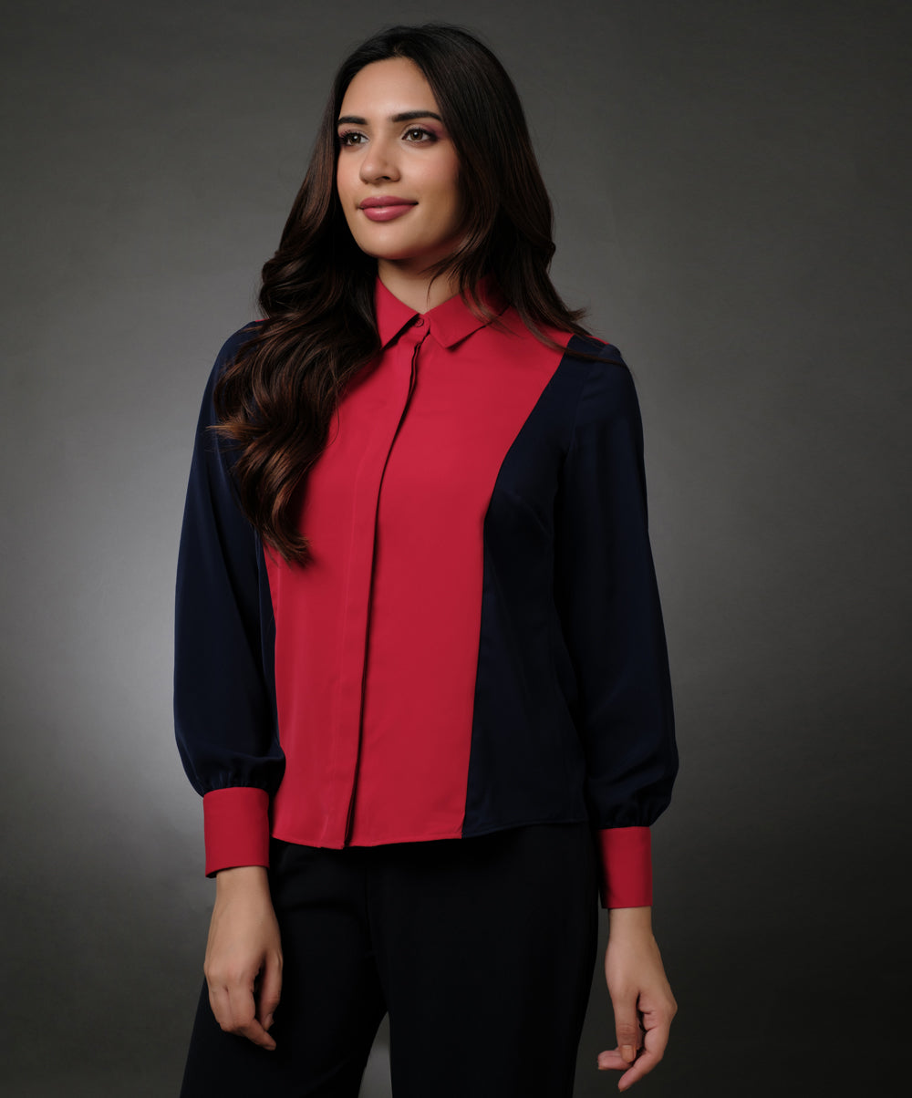 Blue And Red Contrast Paneled Shirt