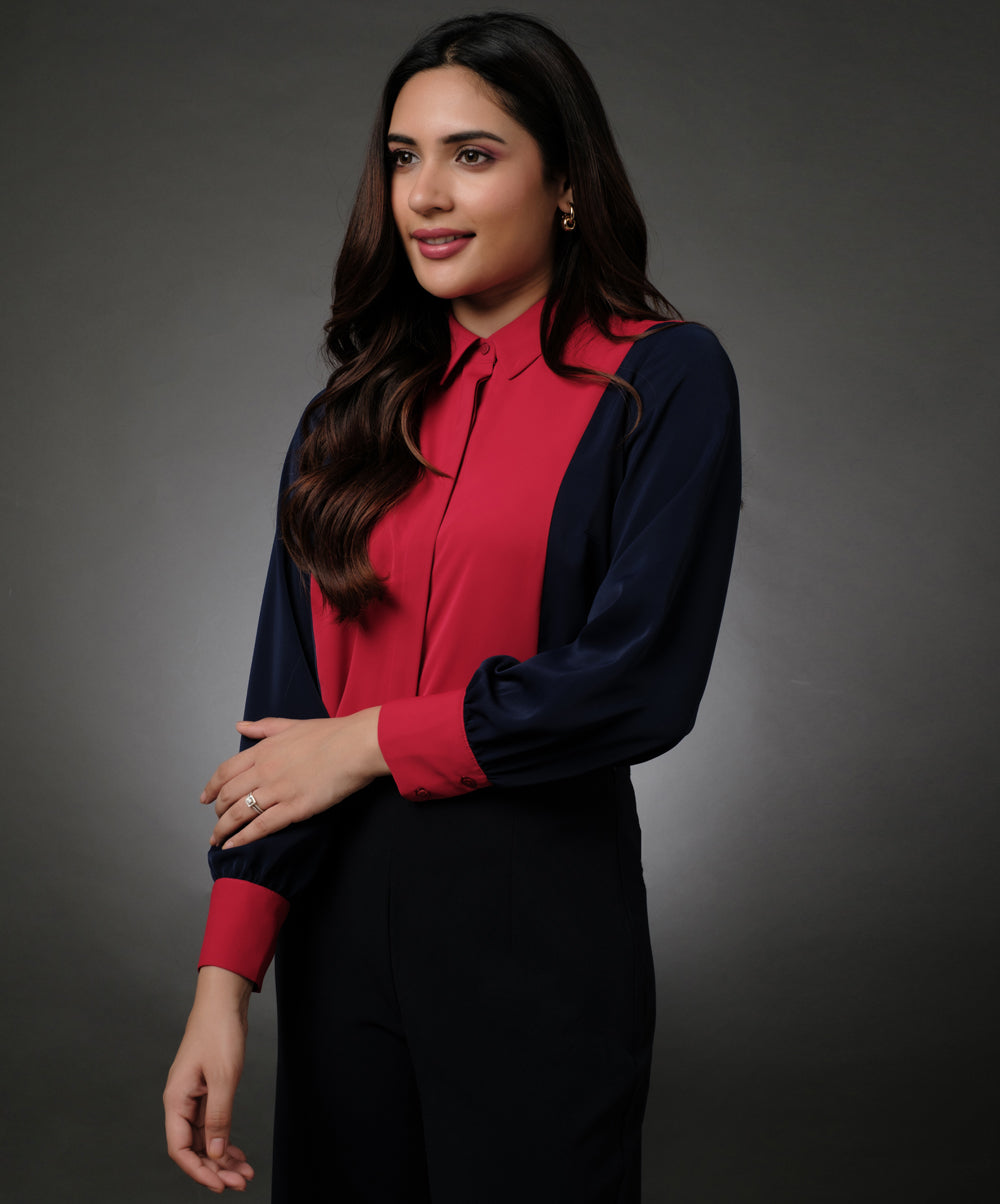 Blue And Red Contrast Paneled Shirt