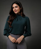 Neck Pleated Green Top With A Sleeve Cuff