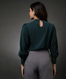 Neck Pleated Green Top With A Sleeve Cuff