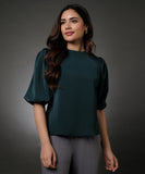 Round Neck Dark Green Sleeve Elasticated Top