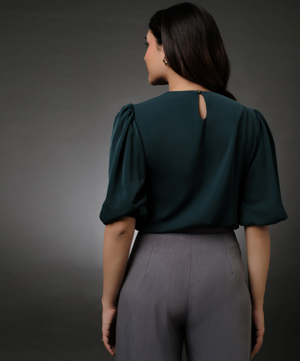 Round Neck Dark Green Sleeve Elasticated Top