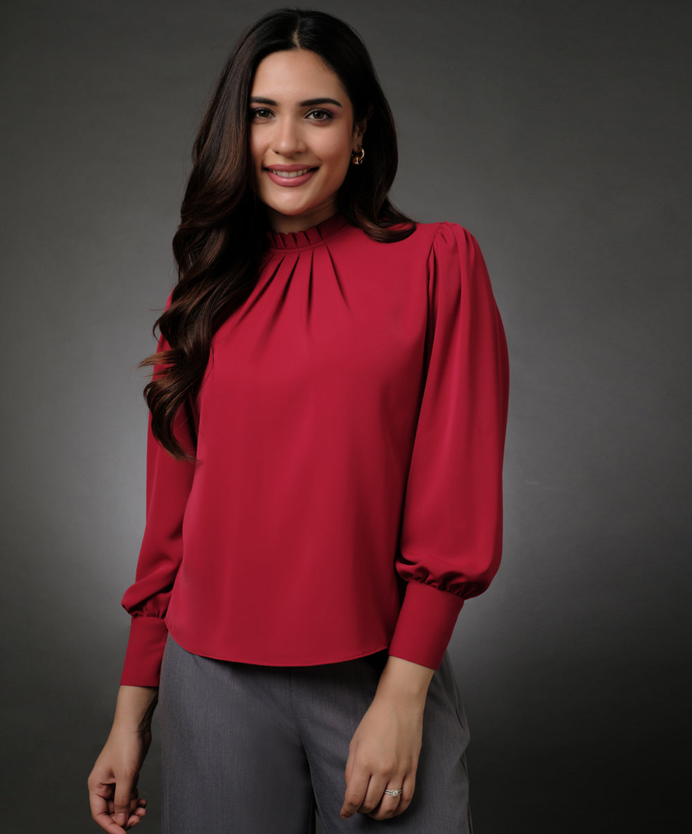 Neck Pleated Red Top With A Sleeve Cuff