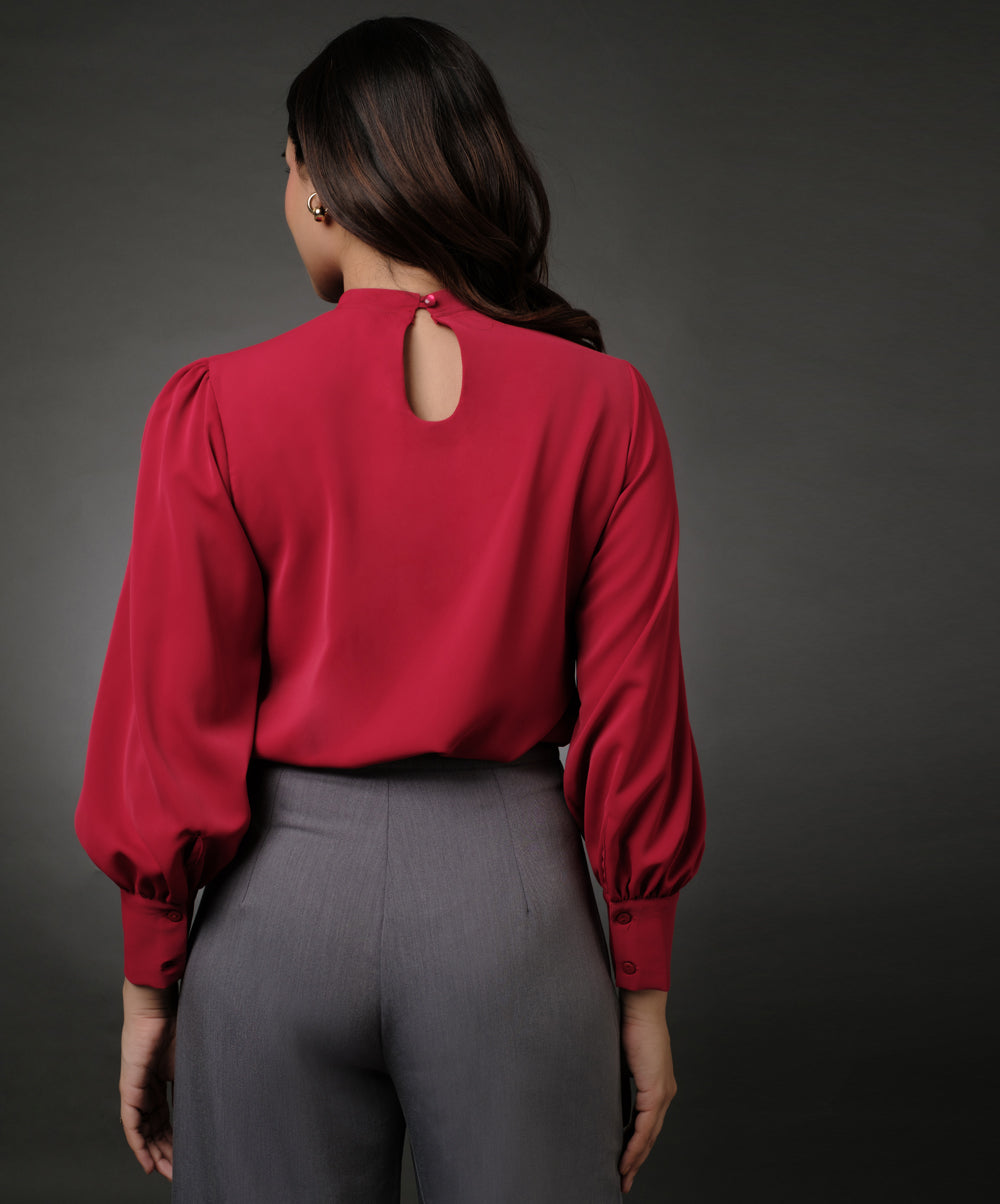 Neck Pleated Red Top With A Sleeve Cuff