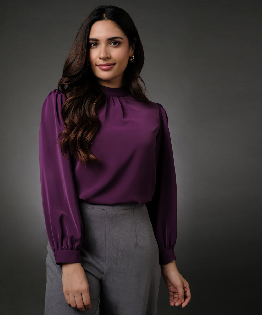 Long Sleeve Neck Pleated Purple Top