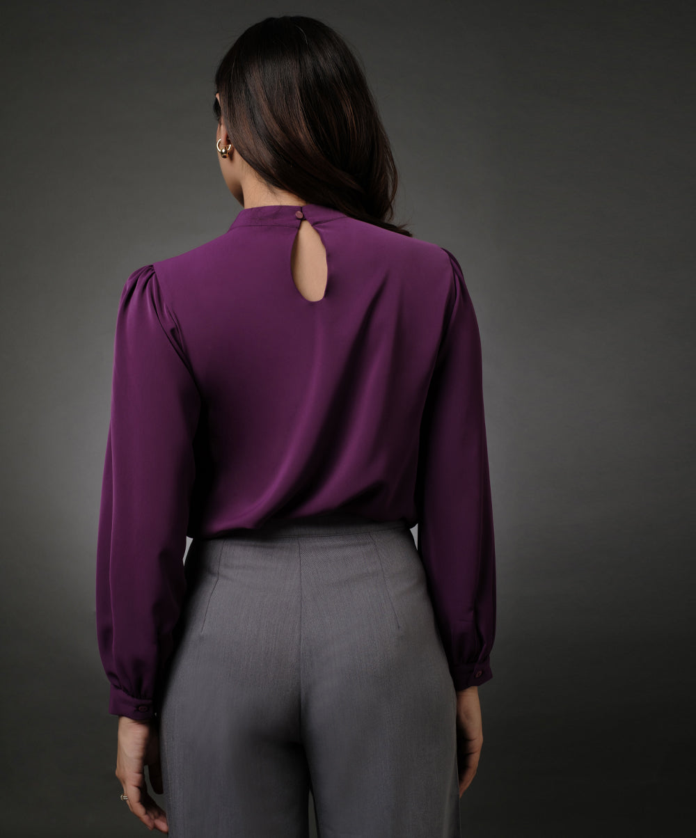 Long Sleeve Neck Pleated Purple Top