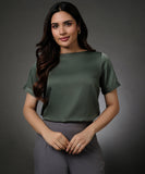 Short Sleeve Satin Green Top