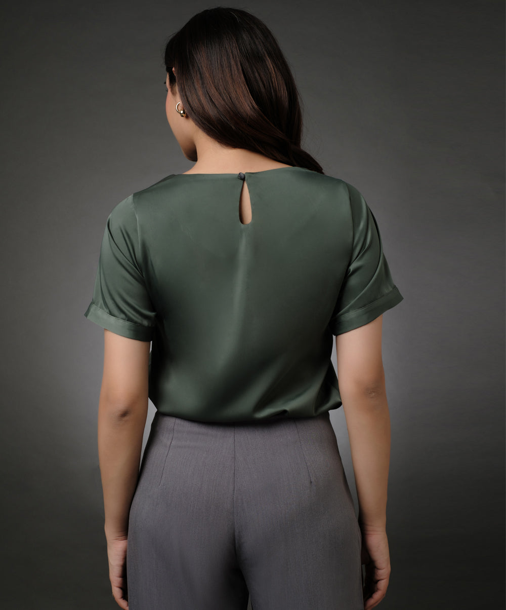 Short Sleeve Satin Green Top