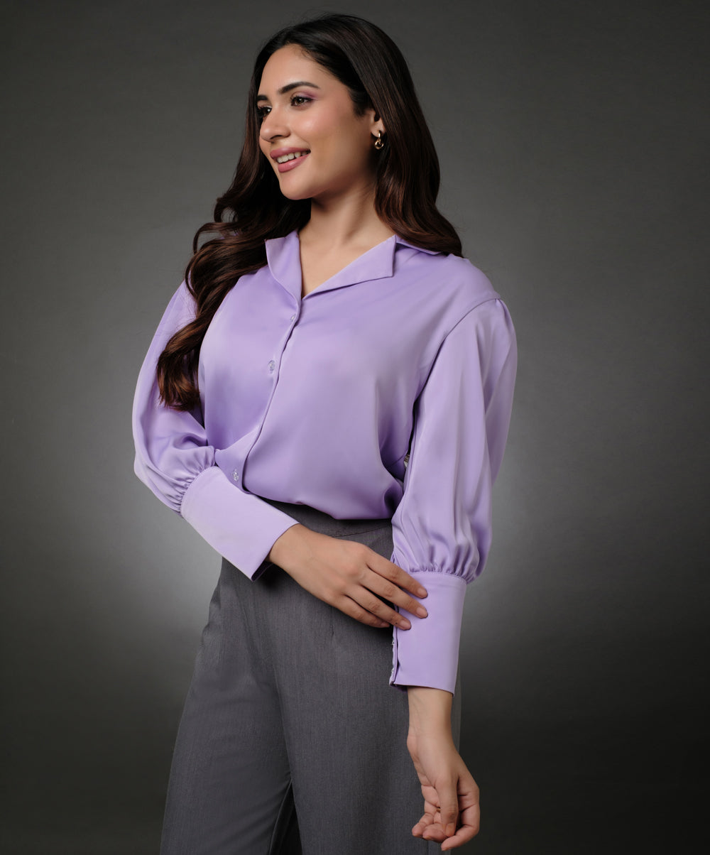 Lapel Collared Lavender Long Sleeve Shirt