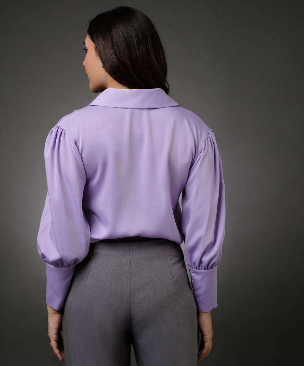 Lapel Collared Lavender Long Sleeve Shirt