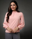 Long Sleeve Neck Pleated Chiffon Top-Peach