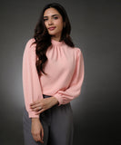 Long Sleeve Neck Pleated Chiffon Top-Peach