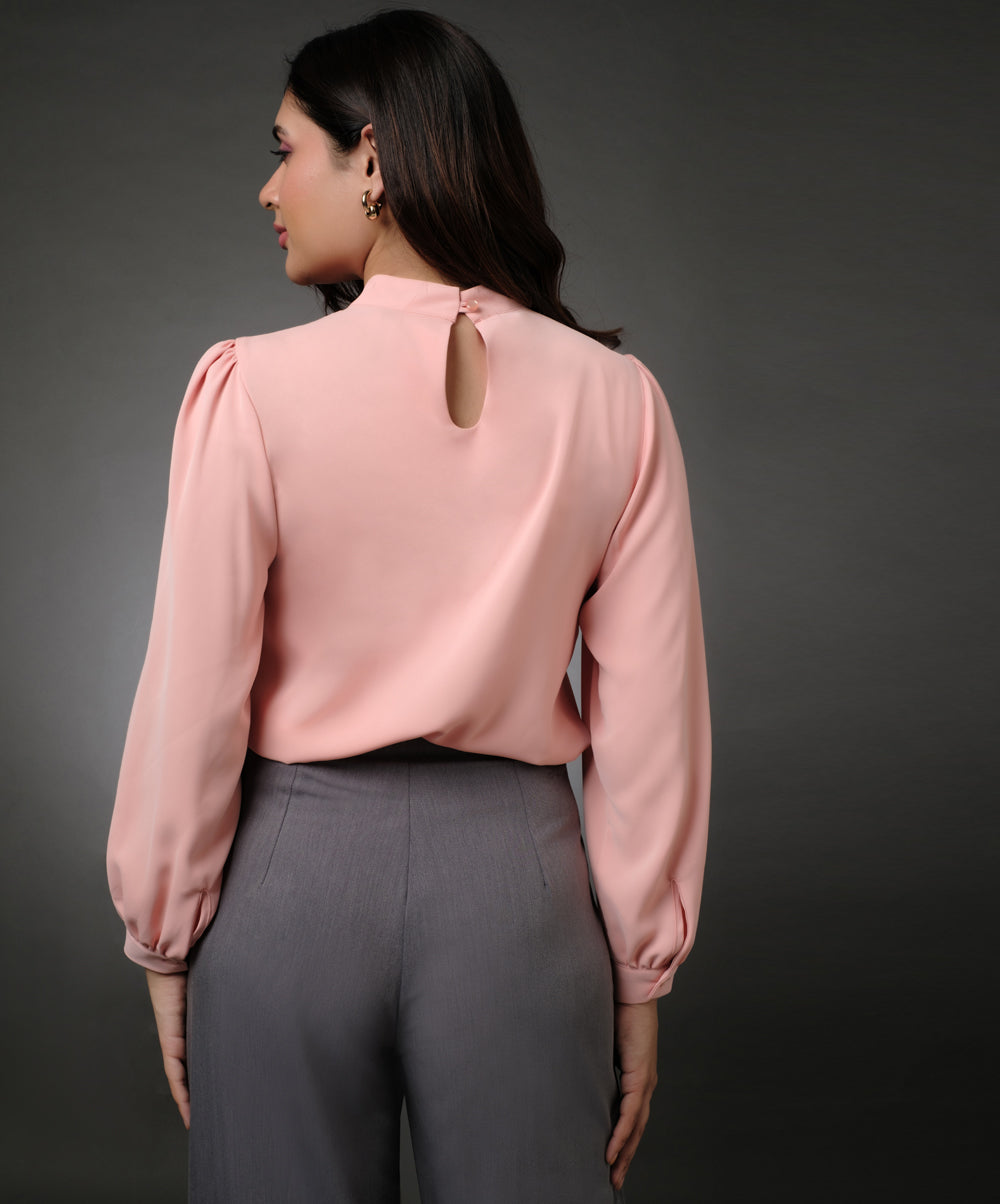 Long Sleeve Neck Pleated Chiffon Top-Peach