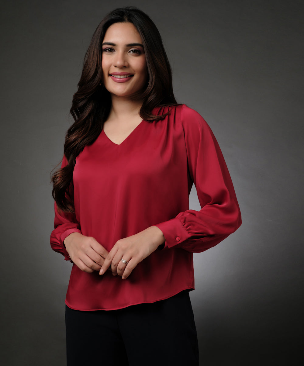 Vneck Shoulder Pleated Red Top