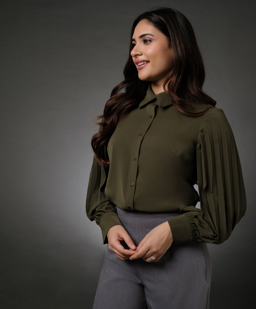 Sleeve Pleated Khaki Shirt Top