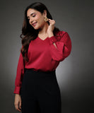 Vneck Shoulder Pleated Red Top