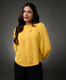 Front Pintuck Round Neck Yellow Top