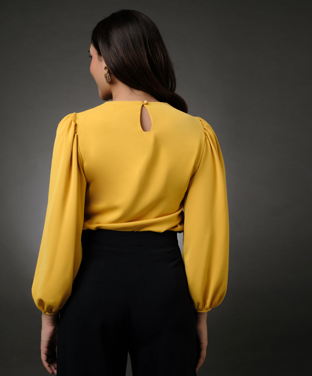 Front Pintuck Round Neck Yellow Top