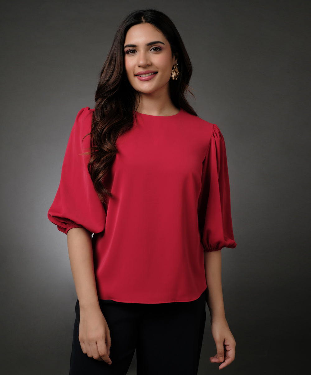 Round Neck Chiffon Sleeve Elasticated Top