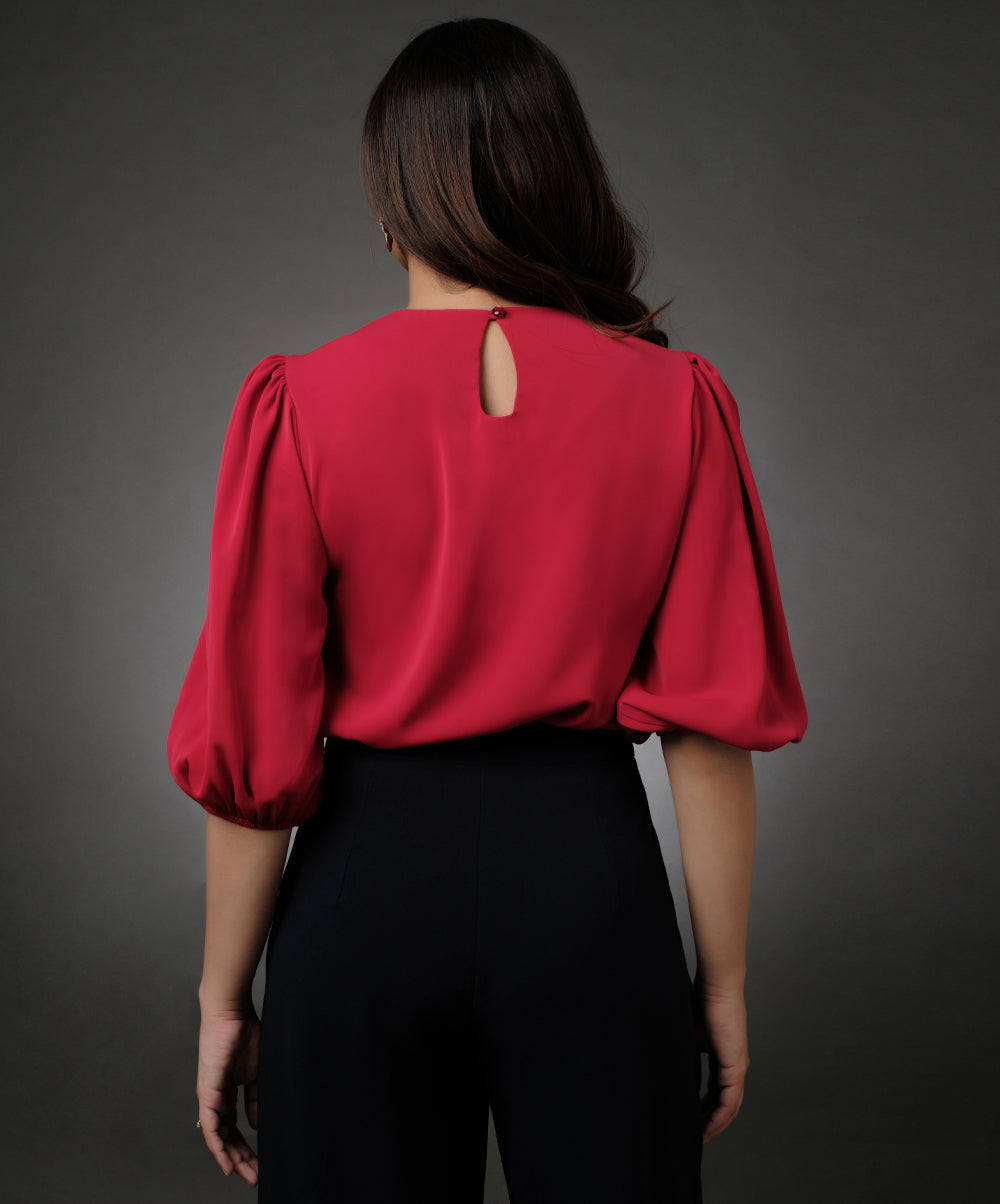 Round Neck Chiffon Sleeve Elasticated Top