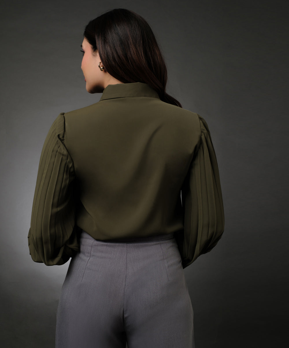 Sleeve Pleated Khaki Shirt Top