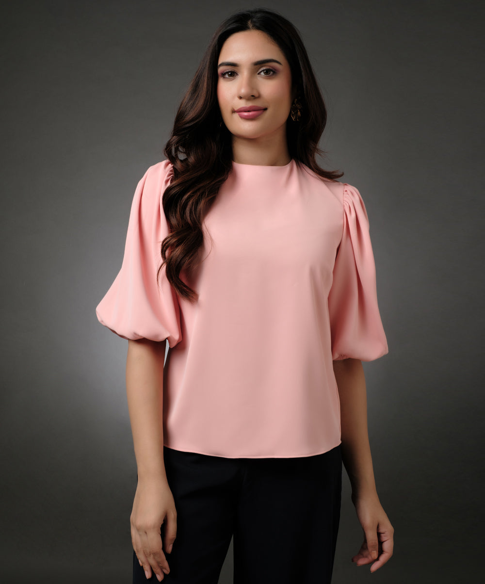 Round Neck Peach Sleeve Elasticated Top