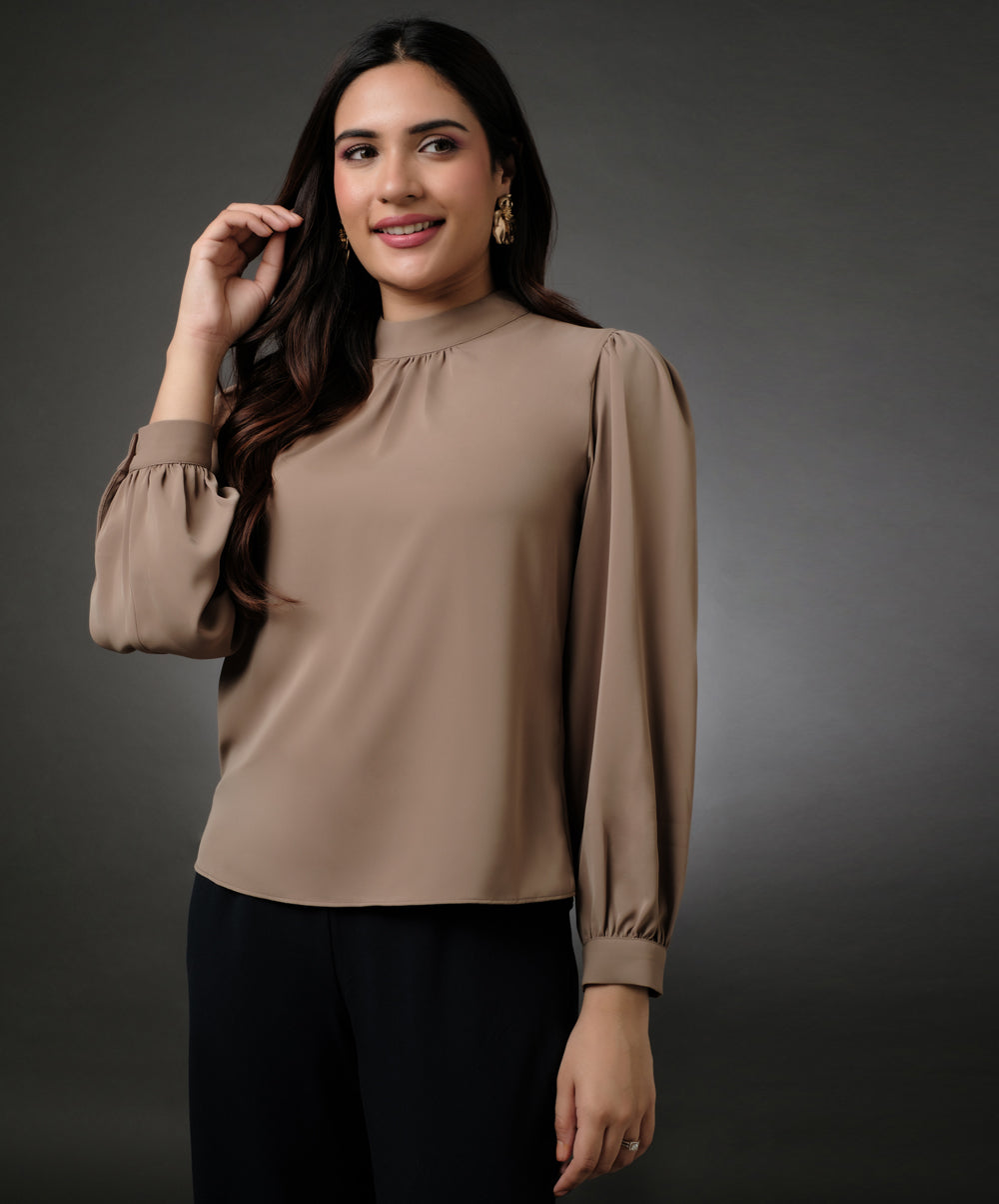 Long Sleeve Neck Pleated Brown Top