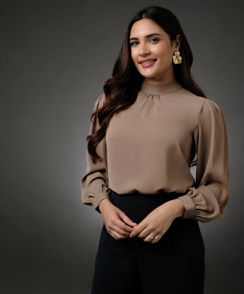 Long Sleeve Neck Pleated Brown Top