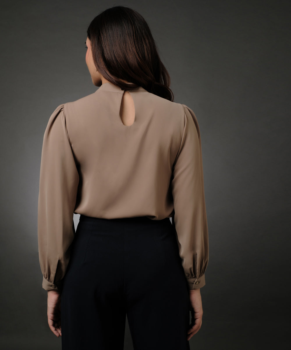 Long Sleeve Neck Pleated Brown Top