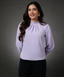 Neck Pleated Lavender Top With A Sleeve Cuff