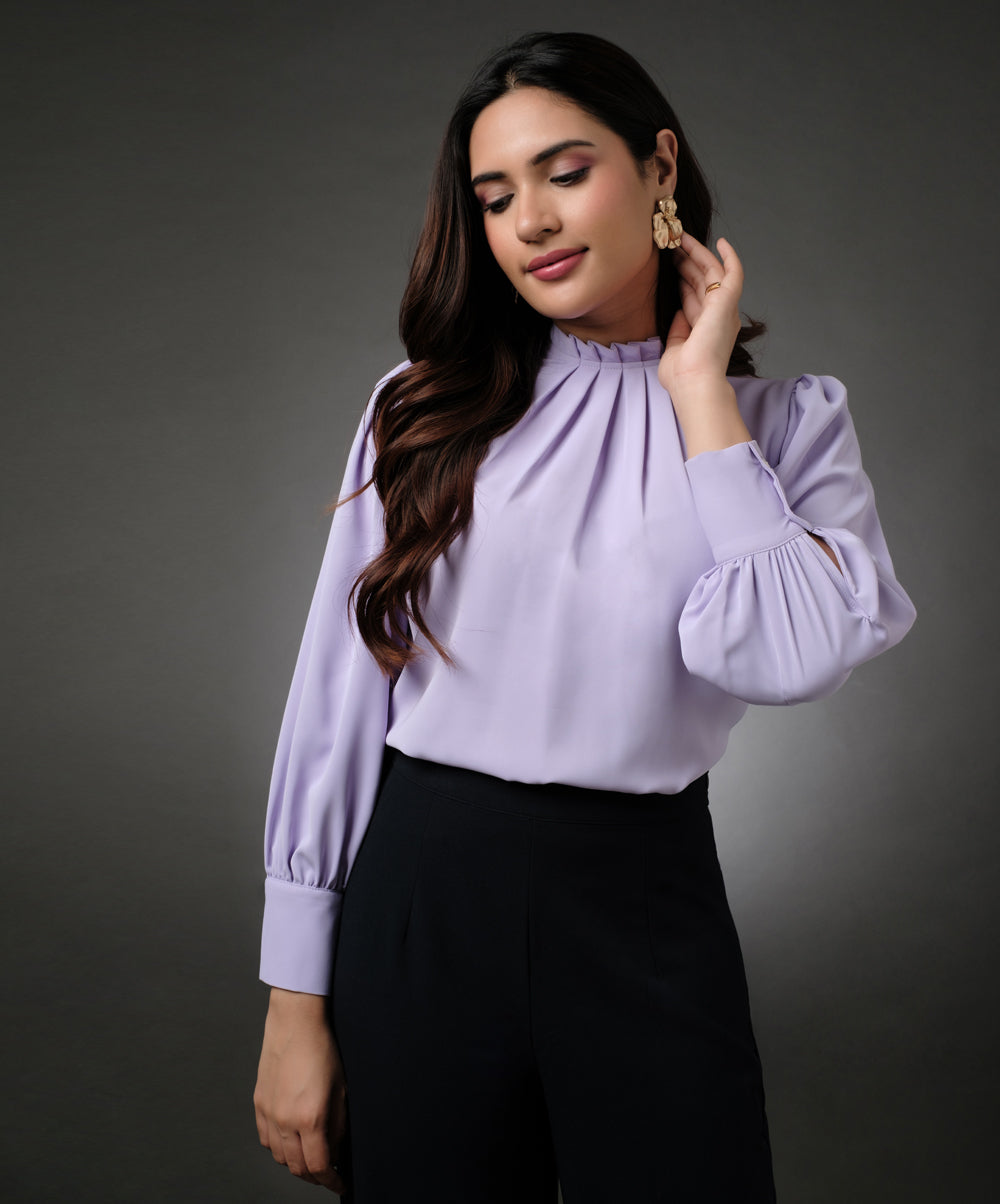 Neck Pleated Lavender Top With A Sleeve Cuff