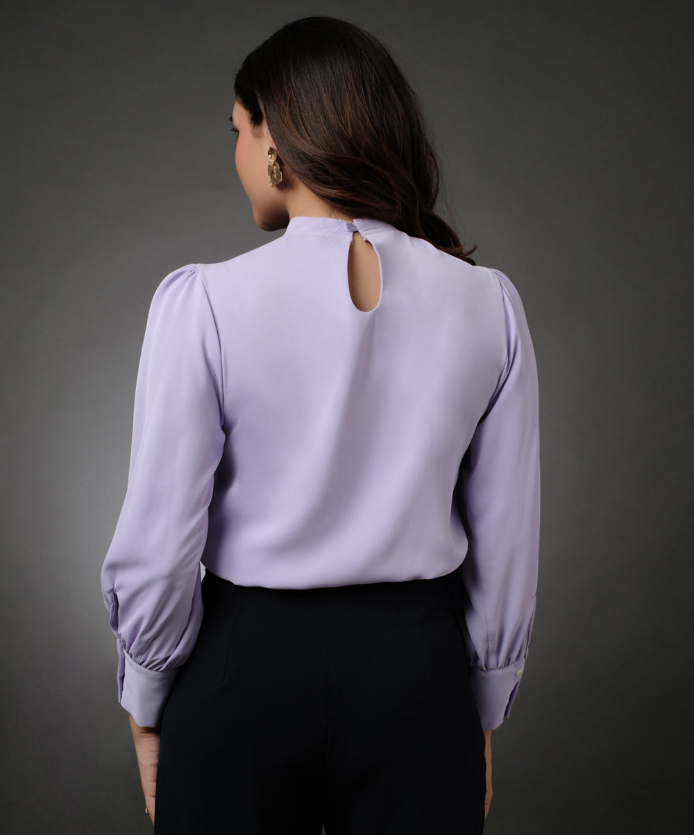 Neck Pleated Lavender Top With A Sleeve Cuff