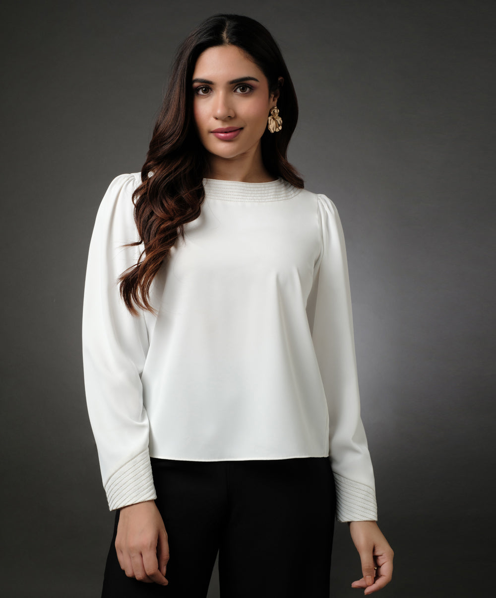 Embroidered Long Sleeve White Top